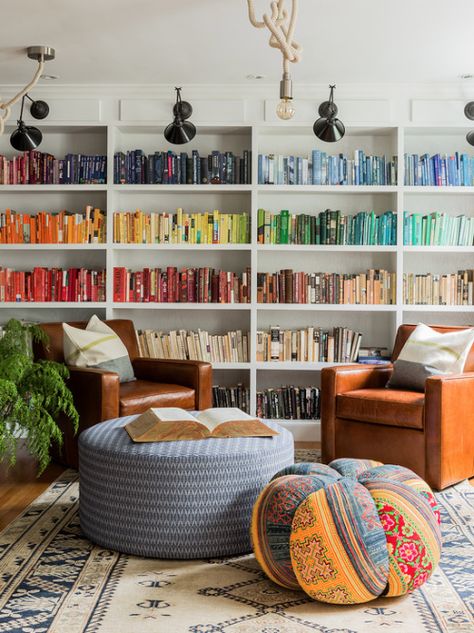 Colorful Books, Home Library Rooms, Decor Ikea, Home Library Design, Cozy Living Spaces, Bookshelf Styling, Design Library, Home Libraries, Hus Inspiration