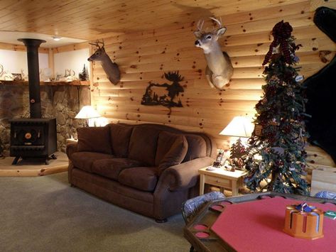 Knotty pine walls blended with stonework Interior Wood Paneling, Knotty Pine Paneling, Knotty Pine Walls, Cabin Remodel, Basement Redo, Hunting Room, Log Siding, Trophy Rooms, Log Cabin Decor