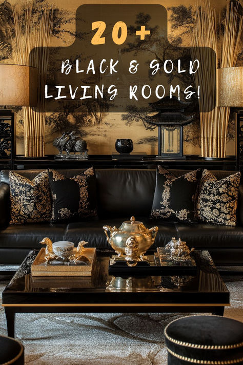 Turn your living space into a luxe haven with these 20 black and gold living room ideas! Curious about elegant decor tips? Click to uncover how these colors can transform your space into a sophisticated retreat! 🖤🌟 #LivingRoomInspo #BlackAndGoldDecor #ElegantLiving #HomeStyle #LuxuryInteriors Black And Gold Sitting Room, Black Gold White Home Decor, Living Room Design Black Couch, Black And Gold Living Room Decor Ideas, Dark Grey And Gold Living Room, Black And Neutral Home Decor, Black Gold White Living Room, Masculine Glam Living Room, Grey Black And Gold Living Room