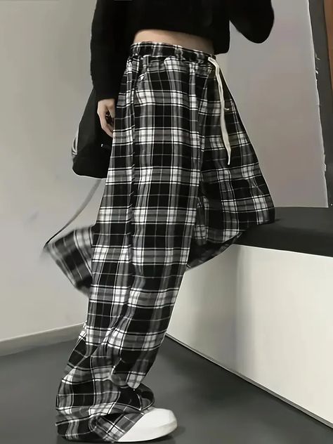 Plus Size Plaid Print Wide Leg Pants Casual Drawstring - Temu Black And White Plaid Pants, White Plaid Pants, Plaid Pants Women, Korean Fashion Black, Hiphop Streetwear, Summer Pants Women, Sweatpants Style, Autumn Wardrobe, Wide Leg Sweatpants