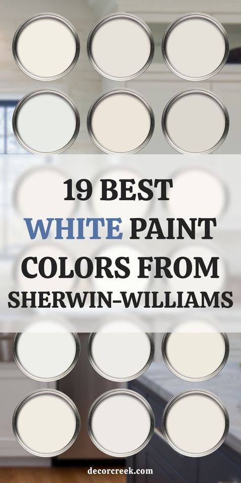 This image showcases 19 of Sherwin-Williams' best white paint colors, displayed as paint can lids with no labels, allowing the focus to remain on the subtle differences between shades. The title reads, "19 Best White Paint Colors from Sherwin-Williams," with "White" emphasized in blue. The background features a softly lit kitchen with clean white cabinetry and marble countertops, complementing the theme of white tones. Toque White, High Reflective White, Best Ceiling Paint, Sherwin Williams Alabaster White, White Ceiling Paint, Sherwin Williams Creamy, Best White Paint Colors, Off White Paint Colors, Ceiling Paint Colors