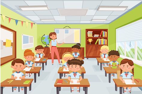 Cartoon teacher with pupils, school kids sitting at desks in classroom. Elementary school children studying in class vector illustration. Children having geography test or exam, getting knowledge Desks In Classroom, Super Coloring Pages, Classroom Elementary, Teacher Cartoon, Elementary School Classroom, School Clipart, School Banner, Online Coloring Pages, Teacher Worksheets