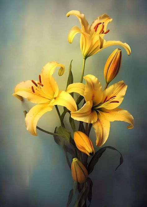 Yellow Lillies Painting, Yellow Lily Painting, Flower Arrangements With Lilies, Lily Reference, Lilly Painting, Yellow Daylily, Three Canvas Painting, Yellow Lily Flower, Tiger Lily Flowers