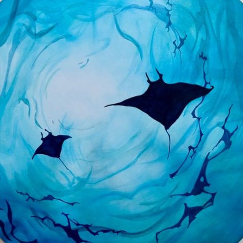 Into the Blue original painting | Acrylic on circle canvas | Semi abstract | Underwater, sea, ocean, sea life | Blue artwork | Manta ray Manta Ray Painting, Ray Painting, Abstract Underwater, Circle Canvas, Into The Blue, Underwater Sea, Blue Artwork, Manta Ray, Sea Ocean