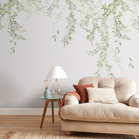 Leaf Trail Mural, Green Painted Wall Feature, Green Wallpaper Lounge, Warm Bedroom Wallpaper, Green Leaf Wallpaper Bedroom, Plant Wallpaper Bedroom, Wall Papering Ideas Bedroom, Wall Papering Ideas Living Room, Green Bedroom Wallpaper, Green Living Room Wallpaper