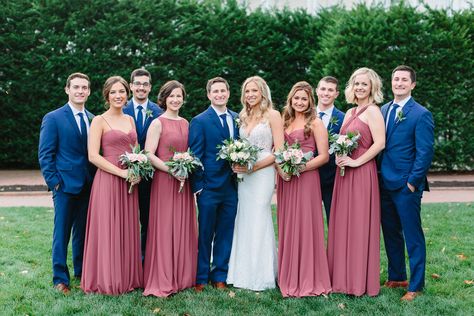 Navy And Rose Wedding, Dusty Rose Groomsmen Attire, Cinnamon Rose Wedding Color Scheme, Canyon Rose Wedding, Cinnamon Rose Bridesmaid, Rosewood Bridesmaid Dress, Navy Blue Groom Suit, Bridesmaid Dresses Navy Blue, Blue Groom Suit