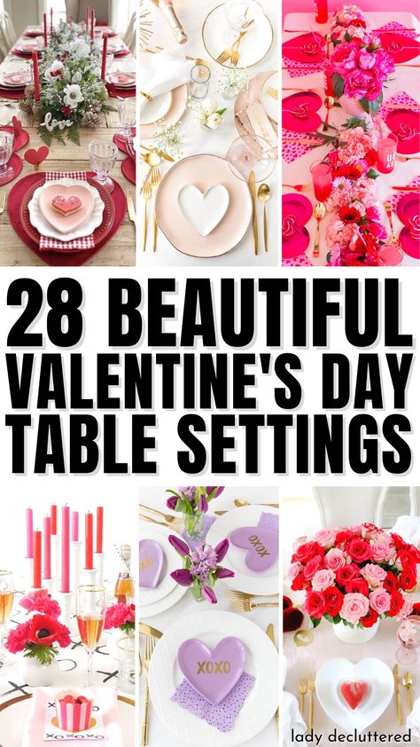 28 Beautiful Valentine's Day Table Settings Valentine Dinner Decorations, Valentines Day Tablescapes, Valentine Dinner Party, Valentine Day Table Decorations, Valentine Tablescape, Aesthetic Valentines, Valentines Party Decor, Valentine Table Decorations, Dinner Party Decorations