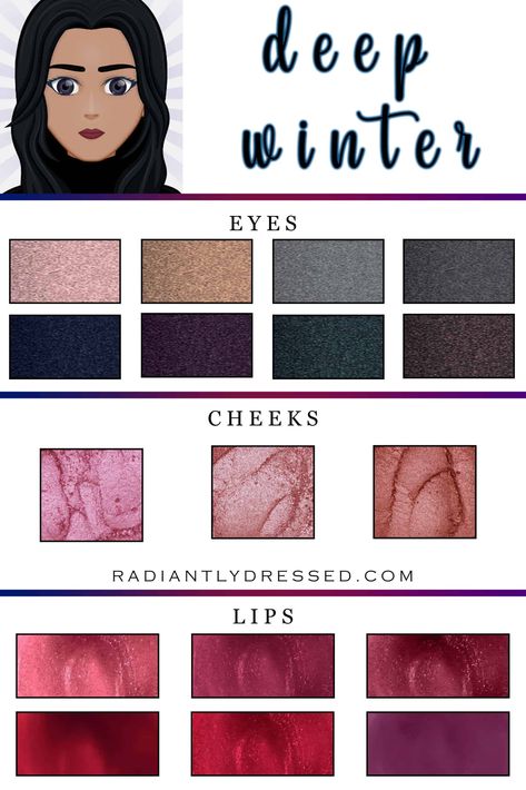 Deep Winter Colour Palette Makeup, Deep Winter Color Makeup, Makeup For Deep Winter Skin Tone, Best Hair Colour For Deep Winter, Winter Season Makeup Color Palettes, Deep Winter Make Up Color Palettes, Color Analysis Winter Types, Deep Winter Color Palette Lipstick, Lipstick For Winter Skin Tone