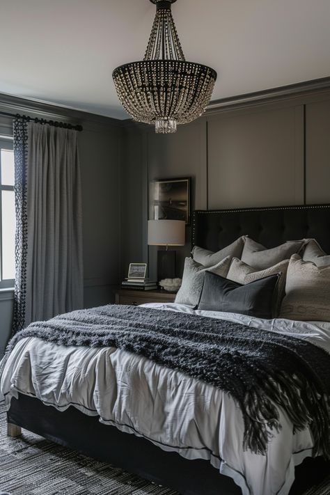 19+ Gorgeous Gray Bedroom Ideas That Will Inspire You – DreamyHomeStyle Green Rug Bedroom, Black White And Grey Bedroom, Black Rug Bedroom, Grey Bedroom Rug, Black And Grey Bedroom, Black Walls Bedroom, Dark Cozy Bedroom, Grey Bedroom Design, Black Accent Walls