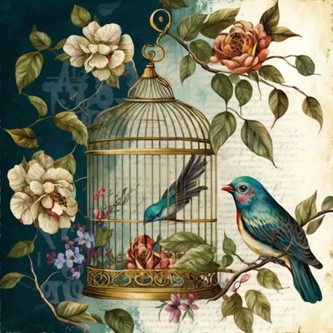 A painting of a bird in a cage with flow... | Premium Photo #Freepik #photo #ornithology #pajaros #songbirds #bird-vector Bird In Cage Painting, Bird Cage Painting, Birdcage Drawing, Bird Cage Art, Cage Painting, Bird In Cage, Birds Cage, Bird In A Cage, Mixing Paint Colors