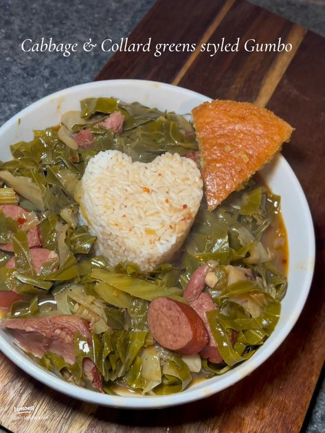 Cabbage and collard greens styled gumbo | Article posted by Victoria Brenae | Lemon8 Collard Green Gumbo, Green Gumbo, Cajun Cooking Recipes, Easy Food Dishes, Gumbo Ingredients, Smoked Turkey Legs, Collard Greens Recipe, Collard Green, Southern Cooking Recipes