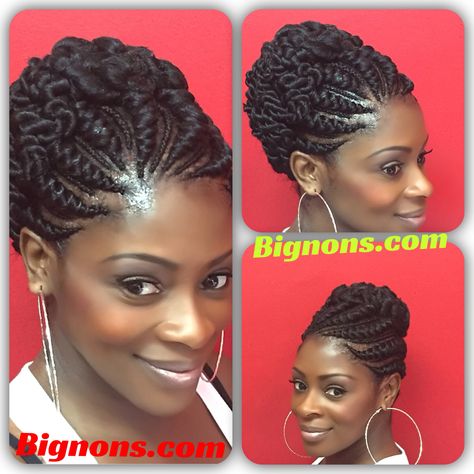 Bignon's African hair braiding torssadee cornrow Trenzas Updo, Updo Cabello Natural, Cornrows Updo, African Hair Braiding, Flat Twist Hairstyles, Hairstyle Videos, Black Hair Updo Hairstyles, Flat Twist Updo, Twisted Hair