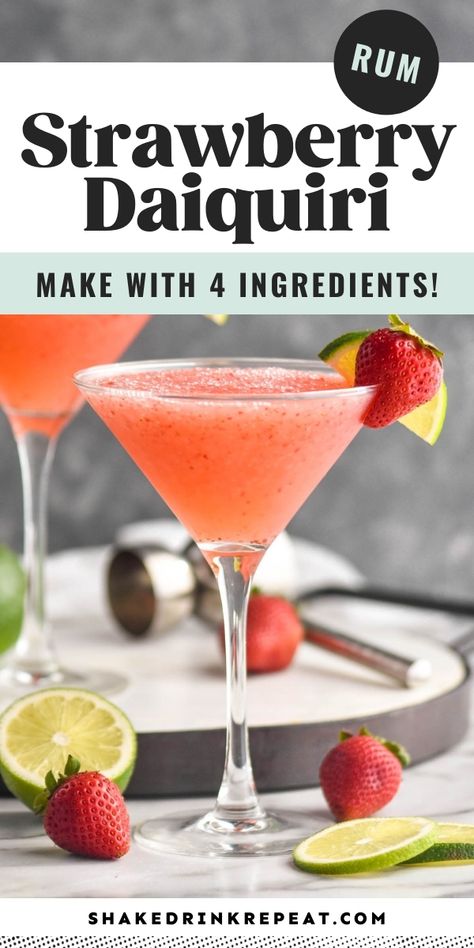 The smooth consistency and refreshing fruity flavor of this Strawberry Daiquiri make the delightful cocktail irresistible! Blended Cocktail Recipes, Tropical Cocktail Recipes, Strawberry Daiquiri Recipe, Frozen Strawberry Daiquiri, Martini Recipes Vodka, Rum Drinks Recipes, Daiquiri Recipe, Strawberry Cocktails, Classic Cocktail Recipes