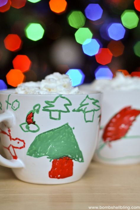 Christmas Paint Pen Mugs - Bombshell Bling Kids Holiday Painting, Make Your Own Mug, Diy Christmas Mugs, Grandparents Christmas Gifts, All Ideas, Hot Cocoa Mix, Kids Homemade, Mug Crafts, Christmas Gifts For Parents