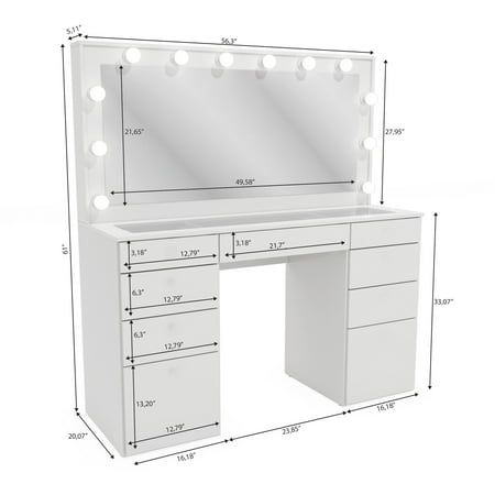 Introducing the Boahaus Leonore Makeup Vanity Desk, a stunning and functional addition to your bedroom set. The Leonore collection offers a white painted finish that adds a touch of elegance to your space. This vanity desk with lights mirror and drawers is designed to elevate your beauty routine with 7 regular drawers and 2 large bottom drawers where you can organize your cosmetics, brushes, and accessories with ease, keeping everything within reach and neatly arranged. The built-in light bulbs provide optimal lighting for flawless makeup application. Charge your devices conveniently while getting ready, keeping them within arm's reach with the 110V power outlet and USB-C/ USB outlet. The hollywood vanity mirror with lights offers a perfect reflection, allowing you to create your desired l Desk With Lights, White Desk With Drawers, Glass Top Vanity, Modern Vanity Table, Lights Mirror, Makeup Vanity Desk, Hollywood Vanity Mirror, Drawer Lights, Hollywood Vanity