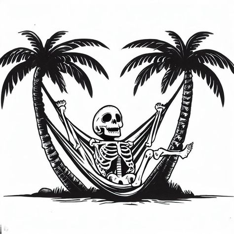 Hammock Between Palm Trees, Skeleton Beach Tattoo, Tattoos Ideas Men, Palm Size Tattoos Ideas, Palm Size Tattoos, Palm Tree Artwork, Boho Hats, Scene Tattoo, Coconut Drink