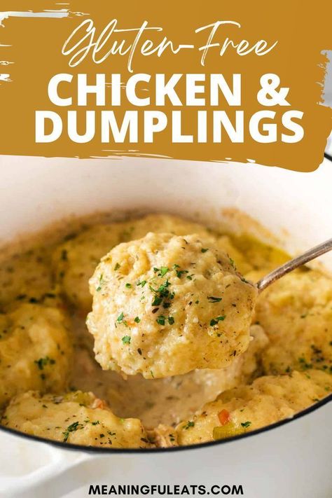 This gluten-free chicken and dumplings recipe has a SHORTCUT SECRET INGREDIENT for perfect dumplings every time! My #1 tip for amazing gluten-free chicken and dumplings? Use gluten-free Bisquick pancake & baking mix to make the most tender, flavorful dumplings! Gluten Free Chicken And Dumplings Recipe, Dumplings With Bisquick, Chicken And Dumplings With Bisquick, Chicken And Dumplings Gluten Free, Gluten Free Dumplings, Meaningful Eats, Gluten Free Bisquick, Chicken And Dumplings Recipe, Gluten Free Chicken Recipes