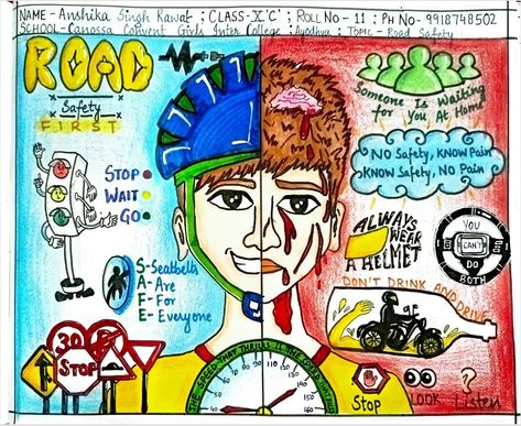 Drawing On Road Safety, Informative Poster Ideas, Traffic Awareness Poster Drawing, Road Safety Poster Drawing Competition, Traffic Awareness Drawing, Poster Making On Road Safety, Traffic Rules Poster Drawing, Dowry System Poster, Poster Making Ideas For Competition Student