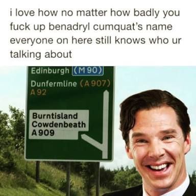 Benadryl Cucumberpatch Benedict Cumberbatch Funny, Benedict Cumberbatch Names, Uber Humor, Mrs Hudson, Sherlock Fandom, Radiohead, Marvel Memes, Benedict Cumberbatch, What’s Going On