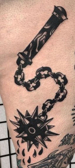 Back Of The Elbow Tattoo Men, American Traditional Ball And Chain Tattoo, Medieval Flail Traditional Tattoo, Flail Tattoo Design Traditional, Traditional Chain Tattoo Design, Morning Star Tattoo Traditional, Traditional Mace Tattoo Design, Flail Tattoo American Traditional, Ball And Chain Tattoo Traditional