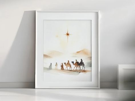 Minimalist Wise Men's Journey Watercolor Serene Desert Scene With the Star of Bethlehem, Jesus Art, Nativity Art Digital Download 173 - Etsy Vietnam Nativity Art, The Star Of Bethlehem, Bible Wall Art, Desert Scene, Watercolour Inspiration, Star Of Bethlehem, Paint Cards, Jesus Art, Wise Men