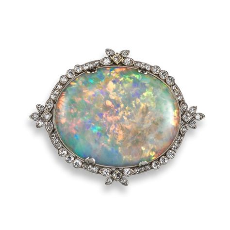 An edwardian opal and diamond brooch | Woolley and Wallis Luxury Unique Opal Jewelry, Luxury Exquisite Opal Jewelry, Luxury Celestial Opal Jewelry, Opal Brooch Vintage, Collectible Opal Jewelry Hallmarked, Jewelry Catalog, Diamond Brooch, Vintage Jewels, Opal Necklace