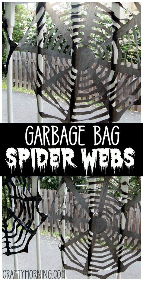 Trash Bag/ Garbage Bag Spider Web Decorations. Find the step by step instructions on how to cut it! Fun halloween outdoor decoration to make thats easy and cheap to do. Garbage Bag Spider Web, Garbage Bag Spider, Spider Web Diy, Christmas Footprint Crafts, Creative Christmas Decorations, Halloween Outdoor Decoration, Crafty Morning, Spider Web Decoration, Spider Crafts