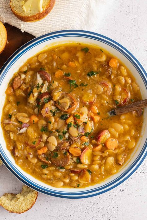 lima bean soup Bean Soup Crockpot, Sausage Crockpot Recipes, Lima Bean Soup, Lima Bean Recipes, Bean And Sausage Soup, Sausage Crockpot, Bean Chili Recipe, Lima Bean, Bean Soup Recipes