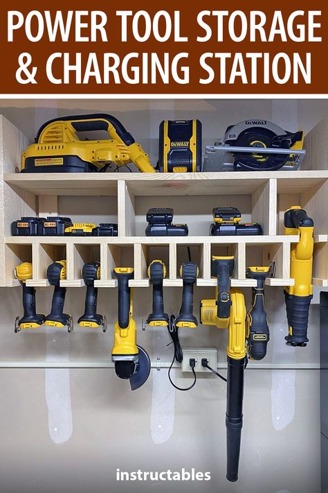 Power Tool Storage Rack, Charging Station Ideas For Power Tools, Power Tool Organizer Plans, Storing Power Tools, Drill Storage And Charging Station, Drill And Battery Storage, Tool Charging Station Ideas, Dewalt Tool Storage Organizers, Cordless Tool Charging Station