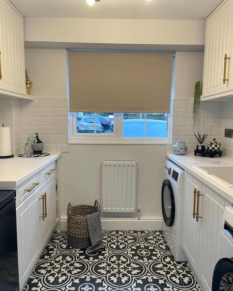 Sink and white cabinetry in laundry room with black and white patterned floor. Laundry Black And White Floor, Laundry Room White Cabinets, Laundry Room Black And White, Black And White Laundry Room, Black And White Laundry, Bright Laundry Room, Recycled Kitchen, White Laundry Rooms, Laundry Room Renovation