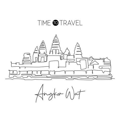 Single continuous line drawing Angkor Wat Temples landmark. Famous place in Siem Reap, Cambodia. World travel tour home art wall decor poster print. Modern one line draw design vector illustration Angkor Wat Tattoo, Vietnam Tattoo, Temple Drawing, One Line Tattoo, Angkor Wat Cambodia, Angkor Wat Temple, Siem Reap Cambodia, Line Sketch, Travel Painting