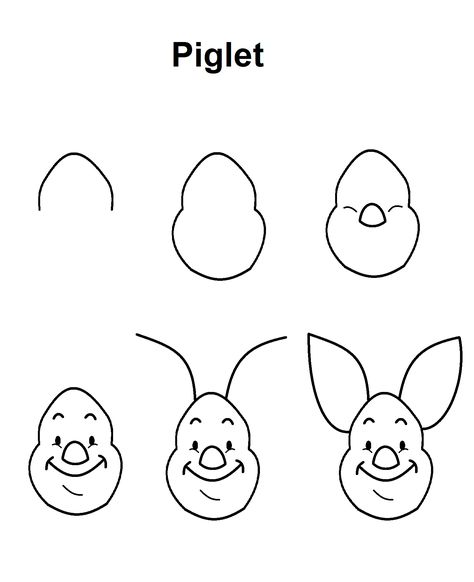 Piglet step-by-step drawing tutorial. Disney Characters Easy, Piglet Drawing, Disney Drawing Tutorial, Doodle Art For Beginners, Easy Disney Drawings, Character Design Tutorial, Drawing Tutorials For Beginners, Easy Drawing Tutorial, Easy Doodles Drawings