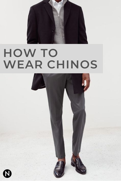 Shoes To Wear With Chinos Men, Charcoal Chinos Men Outfits, Chino Style Men, Chino Trousers Men Outfit, Chinos Pants For Men, Gray Chinos Men Outfits, Black Chinos Men Outfits, Grey Chinos Men Outfits, Nice Outfits For Men