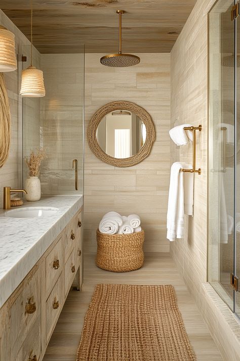 Transform your home with these stunning modern bathroom ideas. The use of natural materials and warm tones creates a tranquil and inviting space. Perfect for rejuvenation, this design brings a luxurious feel. #ModernBathroomIdeas #HomeDecor #InteriorDesign Modern Mediterranean Bathroom, Mediterranean Style Bathroom, European Bathroom Design, European Bathroom, Mediterranean Bathroom, Florida Decor, Modern Luxury Bathroom, Baths Interior, Bath Inspiration