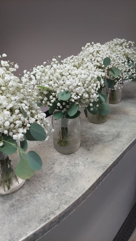 Babies Breath And Eucalyptus Centerpiece, Simple Wedding Centerpieces Round Tables, Baby Shower Color Themes, Beckham Wedding, Small Wedding Centerpieces, Wedding Event Decor, Bridal Tea, Eucalyptus Wedding, Dream Wedding Ideas Dresses