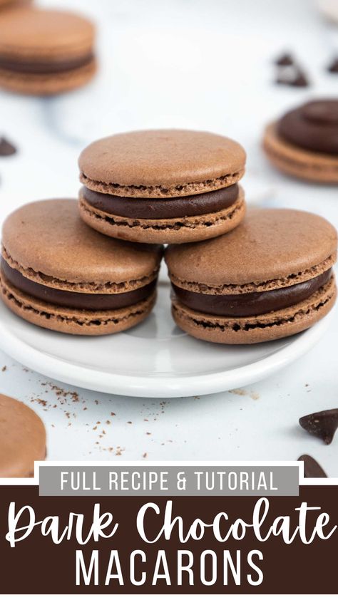 These delicious dark chocolate macarons are made with dark chocolate shells and filled with the most decadent dark chocolate ganache. Chocolate Ganache Macarons, Chocolate Ganache Macaron Filling, Desserts With Ganache, Dark Chocolate Macarons, Large Macarons, Dark Chocolate Ganache Recipe, Chocolate Macaroons Recipe, Chocolate Macarons Recipe, Macaroons Chocolate