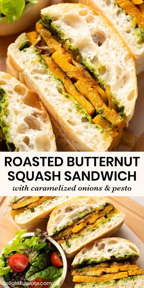 Squash Sandwich, Vegan Butternut Squash Recipes, Winter Sandwiches, Meatless Lunch, Butternut Squash Vegan, Vegan Entree Recipes, Vegan Pesto Recipe, Butternut Squash Recipes Roasted, Vegan Sandwich Recipes