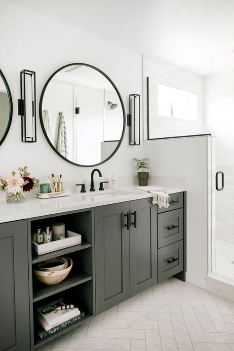 Black Hardware Bathroom, Organization Ideas Bathroom, Ideas For Bathrooms, Grey Bathroom Cabinets, Dark Gray Bathroom, Green Bathroom Vanity, Bathroom Organization Ideas, New House Bathroom, Grey Bathroom Vanity