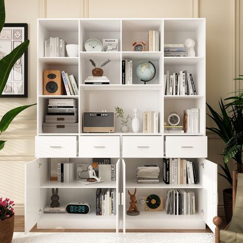 Bookshelf Bookcase with 4 Doors,4 Drawers & Storage Shelve,Black - 78.7"H - On Sale - Bed Bath & Beyond - 39176844 Black Bookshelf, Transitional Modern Farmhouse, Stackable Shelves, Furniture Bookshelves, File Cabinets, Kids Bookcase, Reclining Furniture, Living Room Tv Stand, Adjustable Shelves