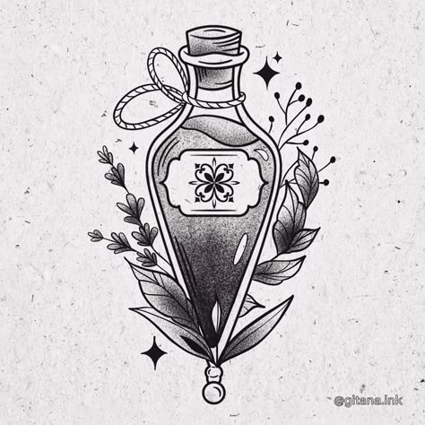 Illustrative tattoo Poison Bottle Illustration, Pretty Little Poison Tattoo, Poison Tattoo Bottle, Poison Bottle Tattoo Design, Poisonous Flowers Tattoo, Poison Bottle Drawing, Pretty Poison Tattoo, Poison Drawing, Flask Tattoo