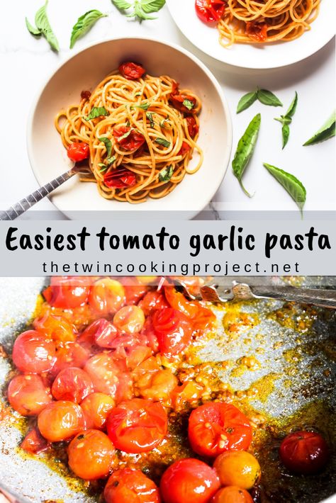 Simple easy cherry tomato garlic pasta #pasta #garlic #tomato #simple #easy #delicious #quick #dinner #spaghetti Pasta With Grape Tomatoes, Tomato Garlic Pasta, Grape Tomato Recipes, Spaghetti Easy, Garlic Pasta Recipe, Pasta Garlic, Tomato Spaghetti, Garlic Butter Pasta, Garlic Pasta Sauce