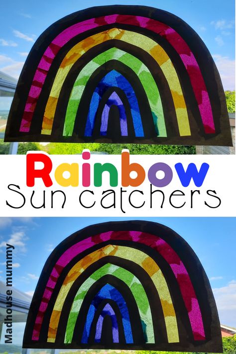 Inspired by all the gorgeous rainbows that are on display in windows on our street, This sweet tissue paper window sun catcher adds a little brightness to our day. Sweet spring tissue paper sun catcher rainbow craft for children. Coloured Cellophane Crafts, Sun Catcher Crafts For Kids, Tissue Paper Window Art, Sun Catcher Preschool, Window Crafts For Kids, Rainbow Suncatcher Craft, Spring Sun Catcher Craft, Cellophane Sun Catcher, Tissue Paper Rainbow Craft