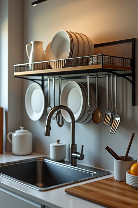 Innovative over-sink drying rack for small kitchens Above Sink Drying Rack, Drying Rack Dishes, Dishes Drying Rack, Spain Decor, Over Sink Dish Drying Rack, Organizing Tools, Sink Drying Rack, Above Sink, Clutter Free Kitchen