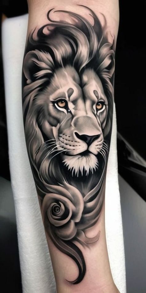 Black And Grey Lion Tattoo, Lion Lioness Tattoo, Loin Tattoos Design, Realistic Lion Tattoo Design, Lion And Rose Tattoo, Leo Lion Tattoos, Lion And Lioness Tattoo, Lion Arm Tattoo, Roaring Lion Tattoo