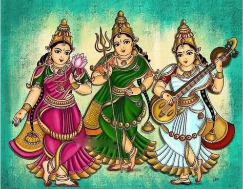 Tridevi Goddess Art, Godess Laxmi, Hindu Goddesses, Mysore Painting, Saraswati Goddess, Kerala Mural Painting, Lord Vishnu Wallpapers, Hinduism Art, Goddess Artwork