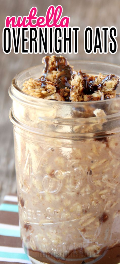 Mason jar filled with nutella overnight oats with a granola topping and chocolate drizzle. Nutella For Breakfast, Easy Breakfast Oats, Bobsredmill.com Recipes, Healthy Recipes With Nutella, Oatmeal With Nutella, Nutella Overnight Oats Recipes, Overnight Oats Recipe Nutella, Healthy Nutella Recipes Breakfast, Overnight Nutella Oats