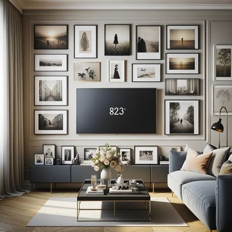 personalized gallery wall above tv decor Family Pictures Around Tv, Family Photos Around Tv, Tv Wall With Photo Frames, Blank Wall Around Tv, Large Wall Decor Living Room Family Photos, Living Room Frame Tv Wall, Living Room Gallery Wall Around Tv, Wall Decor With Tv On Wall, Over The Tv Decor