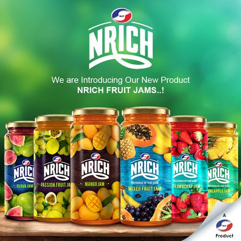 Get Ready to go to the world of delicious fruit jams. We are introducing Our new product NRICH FRUIT Jams. #NrichFruitJams #FruitJams #Nestproduct #NewProduct Social Advertising Design, Fresh Fruit Drinks, Fruity Snacks, Jam Label, Mango Jam, Honey Packaging, Luxury Packaging Design, Fruit Packaging, Drinks Packaging Design