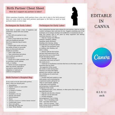 Labor Partner Cheat Sheet, Birth Partner Tips, Birth Partner Cheat Sheet, Birth Partner Help List, Labor Help, Pregnancy List, Doula Care, Birth Plan Template, Birth Partner