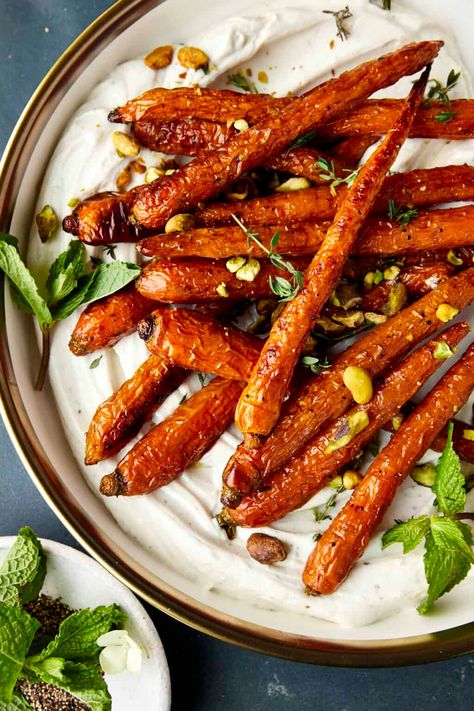 Oven Roasted Whole Carrots with Tahini Dressing - Food Dolls Roasted Whole Carrots, Carrots In Oven, Oven Roasted Carrots, Tahini Dressing Recipe, Homemade Tahini, Sweet Potato Fries Baked, Season Of Giving, Pomegranate Molasses, Easy Oven